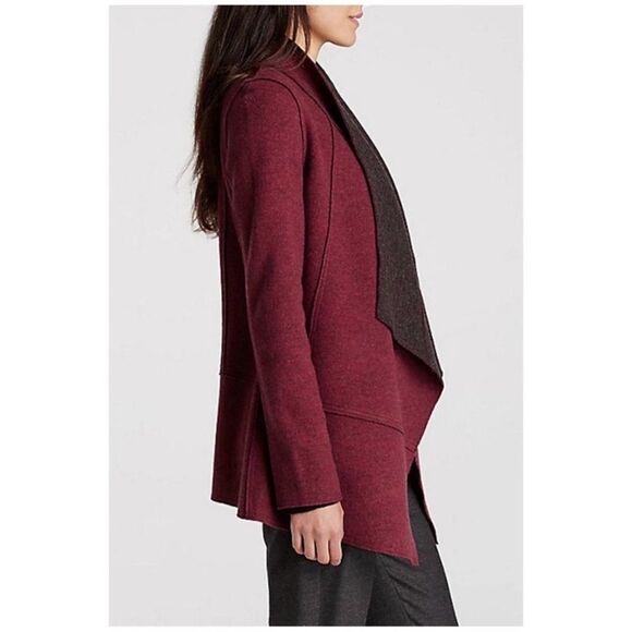 Eileen Fisher Burgundy Structured Moto Long Jacket Cardigan Medium Merino Wool - Picture 3 of 11